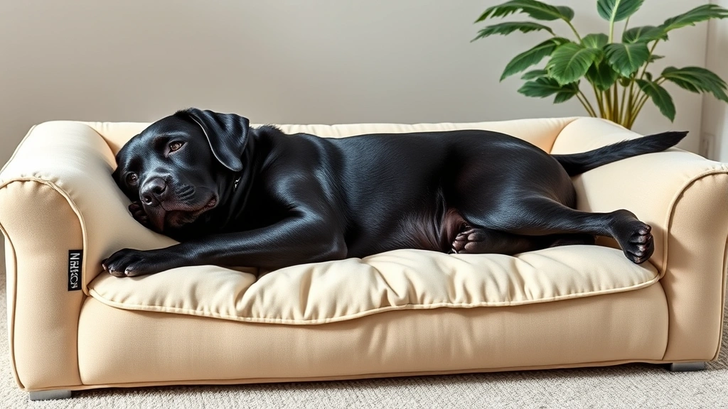dog sofa bed -
Photorealistic large black labrador stretching luxuriously on a cream-colored o