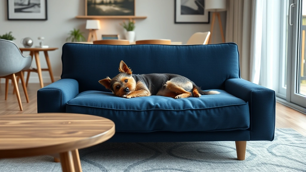 dog sofa bed -
Photorealistic small terrier curled up on a contemporary navy blue dog sofa bed