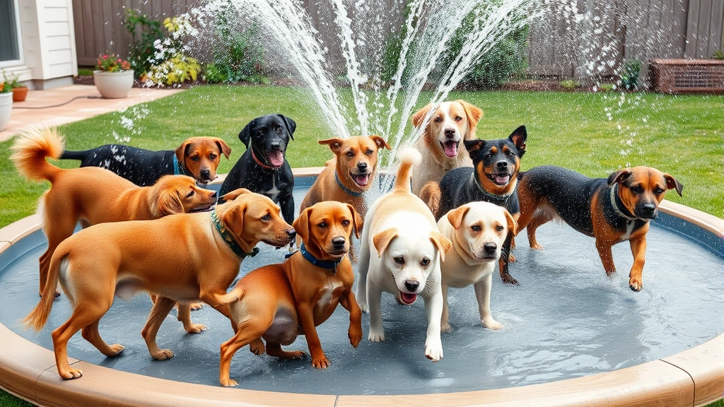 dog splash pad -
Multiple dogs of different sizes playing together in a large circular splash pa