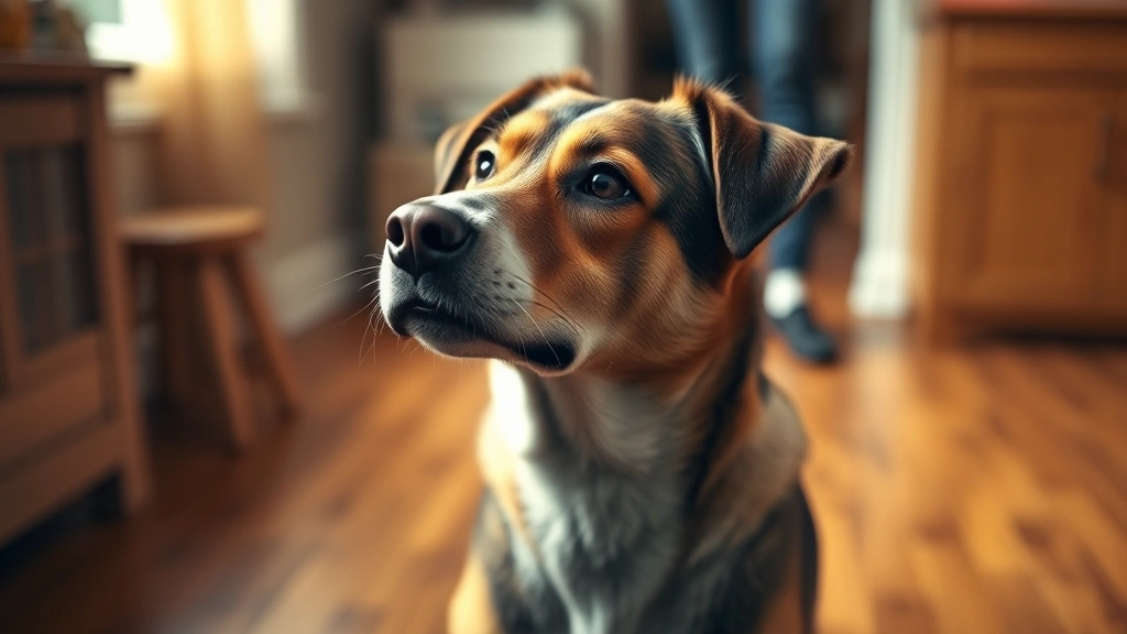 dog stare meme -
Photorealistic image of a medium-sized mixed breed dog sitting on a hardwood fl