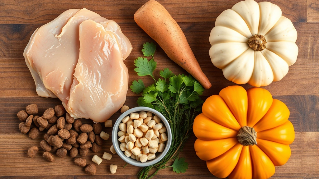 dog stomach gurgling -
Photorealistic overhead view of various high-quality dog food ingredients inclu