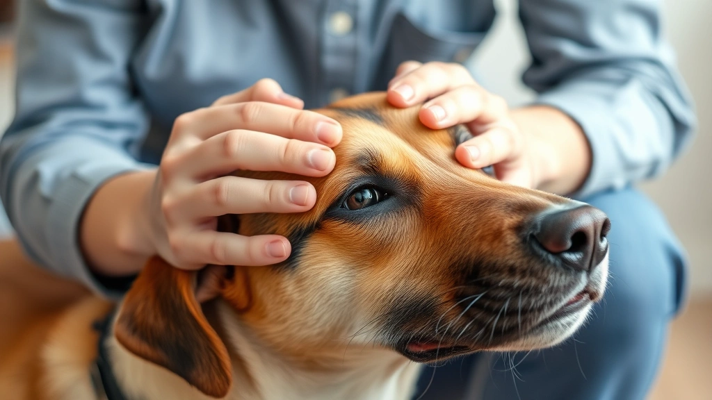 dog stroke symptoms -
with concerned owner’s hands gently touching the dog’s head in back