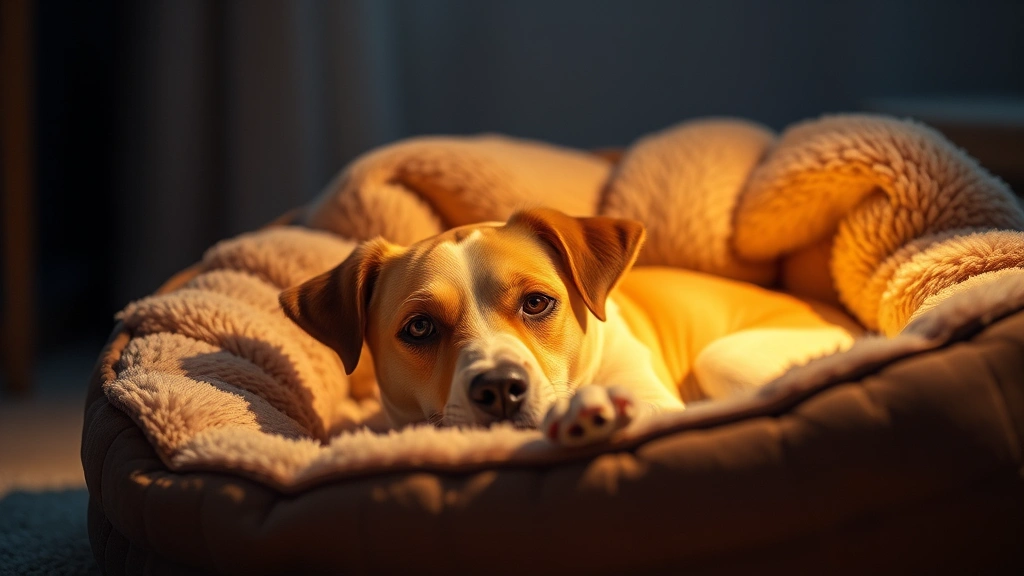 dog stuffed animals -
in a cozy dog bed with warm lighting
