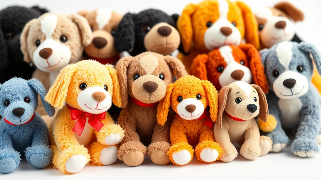 dog stuffed animals -
Close-up of various colorful stuffed animal dog toys of different sizes arrange