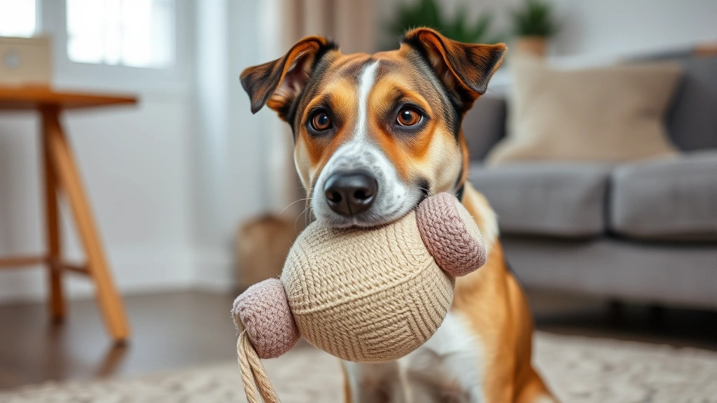 dog stuffed animals -
An anxious-looking mixed breed dog holding a weighted plush toy in its mouth wh