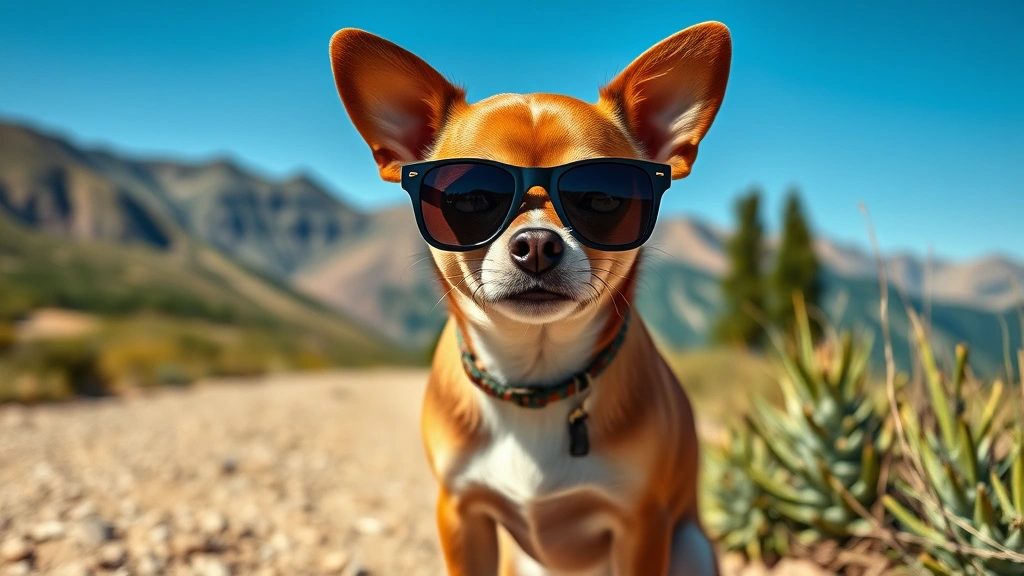 dog sunglasses -
Small Chihuahua in stylish dog sunglasses sitting on a hiking trail with mounta