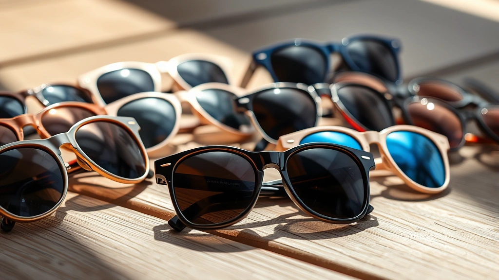 dog sunglasses -
Close-up of various dog sunglasses styles displayed on a wooden surface with na