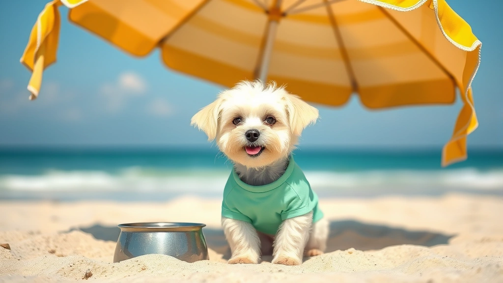dog sunscreen -
A small white dog wearing a UV-blocking shirt sitting under a beach umbrella wi