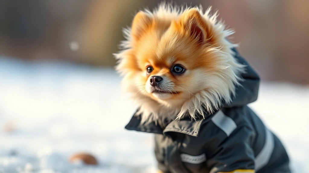 dog sweaters for small dogs -
Photorealistic image of a tiny Pomeranian in a waterproof winter jacket with re