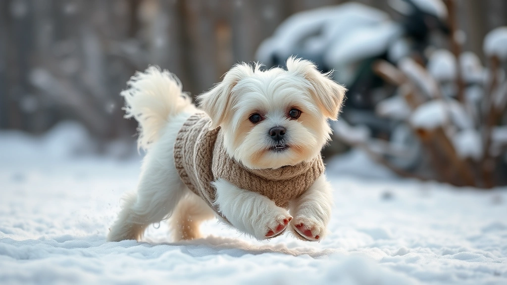 dog sweaters for small dogs -
Photorealistic image of a small Maltese dog in a soft fleece coat playing in wi