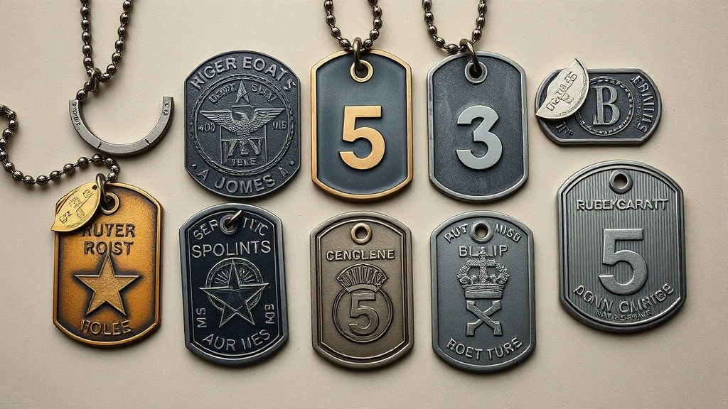 dog tags military -
Photorealistic overhead view of various military-grade dog tags in different sh