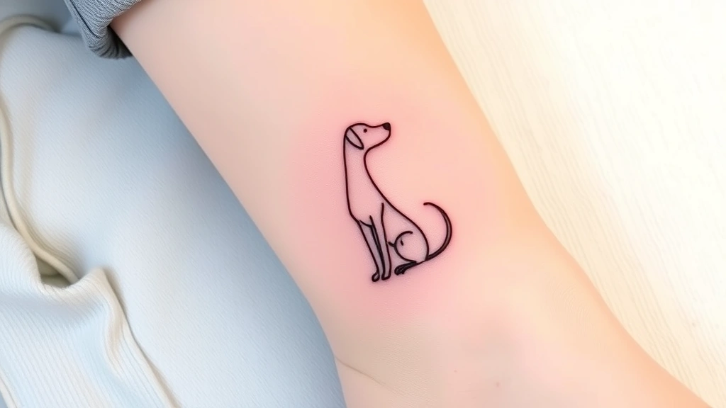 dog tattoo -
A minimalist line-work dog tattoo featuring a simple continuous line drawing of