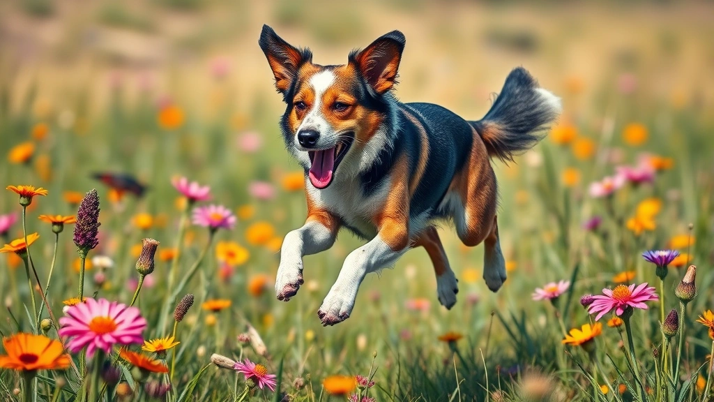 dog tattoo -
A colorful dog tattoo showing a playful mixed breed dog mid-jump in a field of 