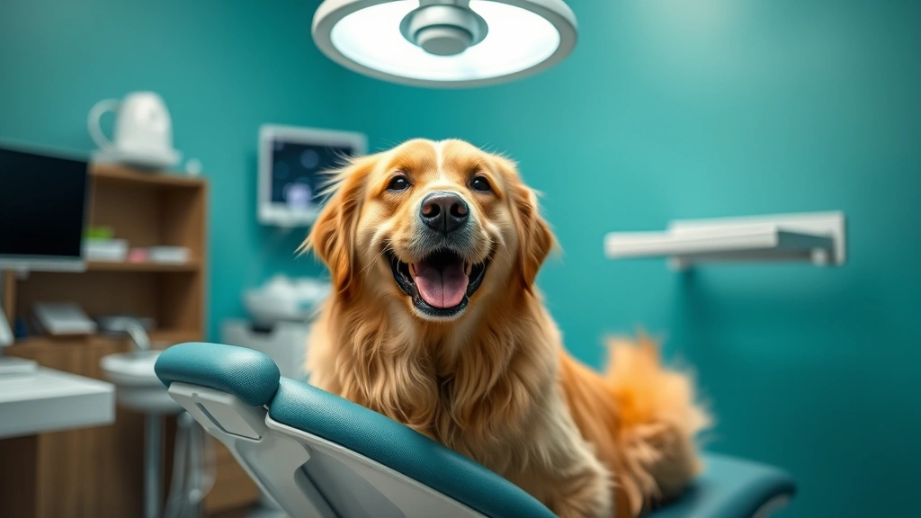 dog teeth cleaning cost -
Photorealistic image of a happy golden retriever sitting in a veterinary dental
