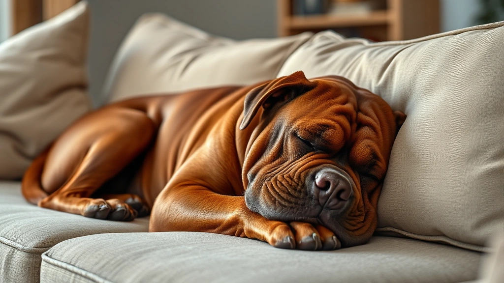 dog the bordeaux -
Photorealistic photo of a Dogue de Bordeaux resting peacefully on a comfortable