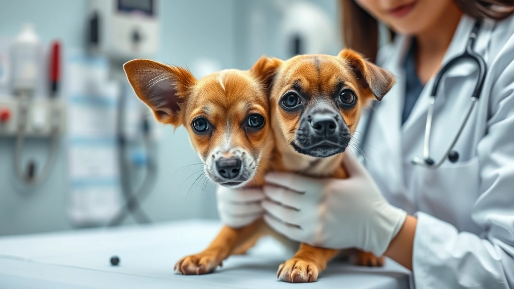 dog throwing up and diarrhea -
Close-up of a veterinarian in a white coat examining a small brown dog on an ex