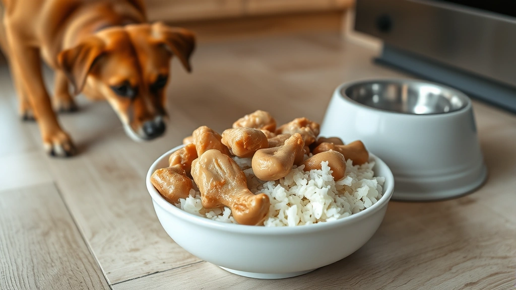 dog throwing up and diarrhea -
A bowl of plain boiled chicken and white rice next to a water bowl on a kitchen