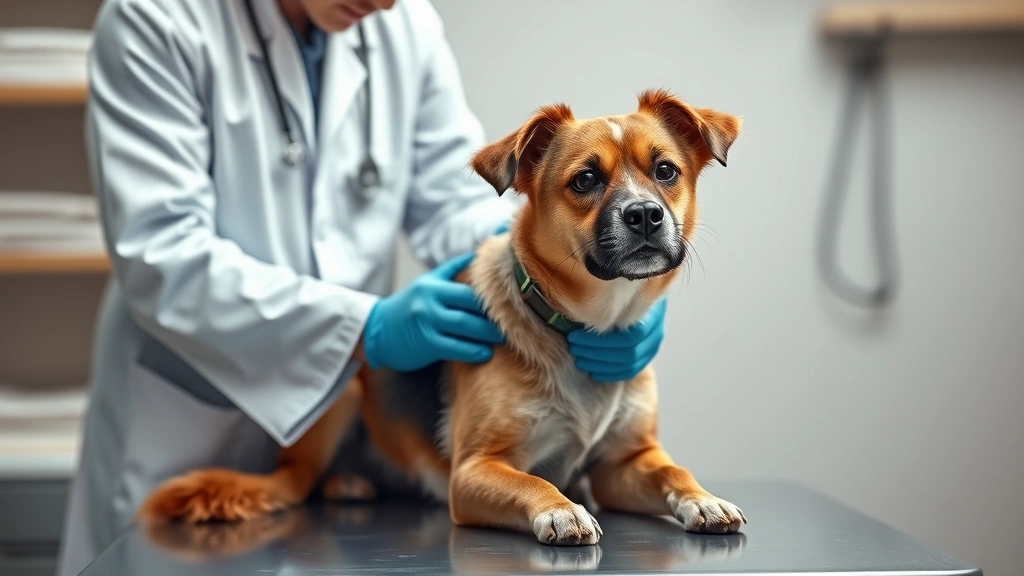 dog throwing up bile -
Photorealistic image of a veterinarian in white coat examining a medium-sized m