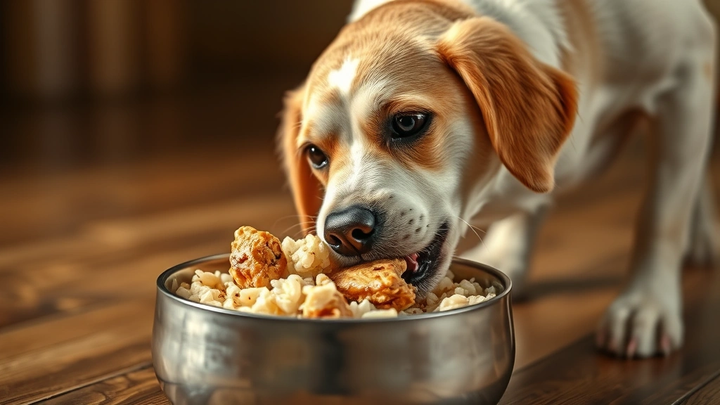 dog throwing up bile -
Photorealistic image of a healthy dog eating from a bowl containing chicken and