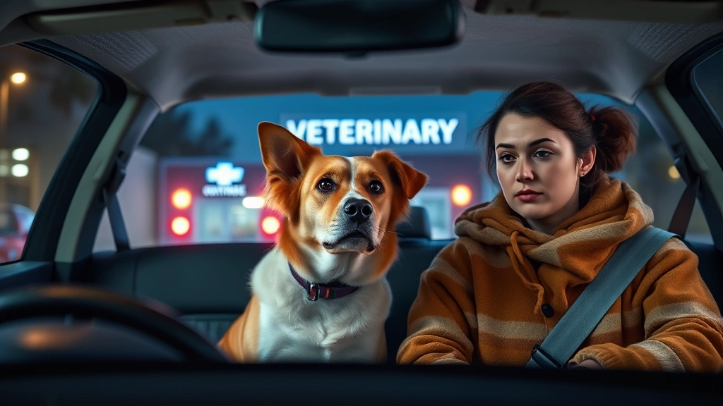 dog throwing up blood -
Photorealistic image of a worried dog owner sitting with their dog in a car, he