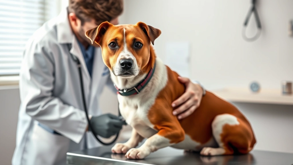 dog throwing up yellow bile -
Photorealistic image of a veterinarian in white coat examining a brown and whit