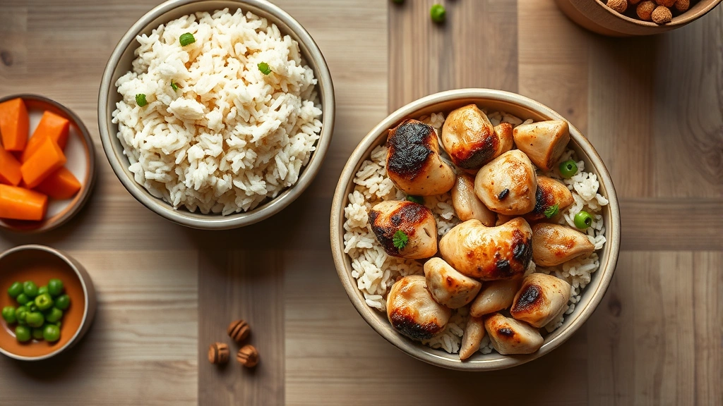 dog throwing up yellow bile -
Photorealistic overhead view of healthy dog food bowls with fresh chicken and r