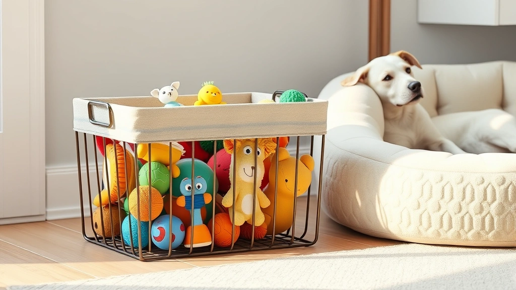 dog toy basket -
Photorealistic image of a modern metal frame basket with fabric liner containin