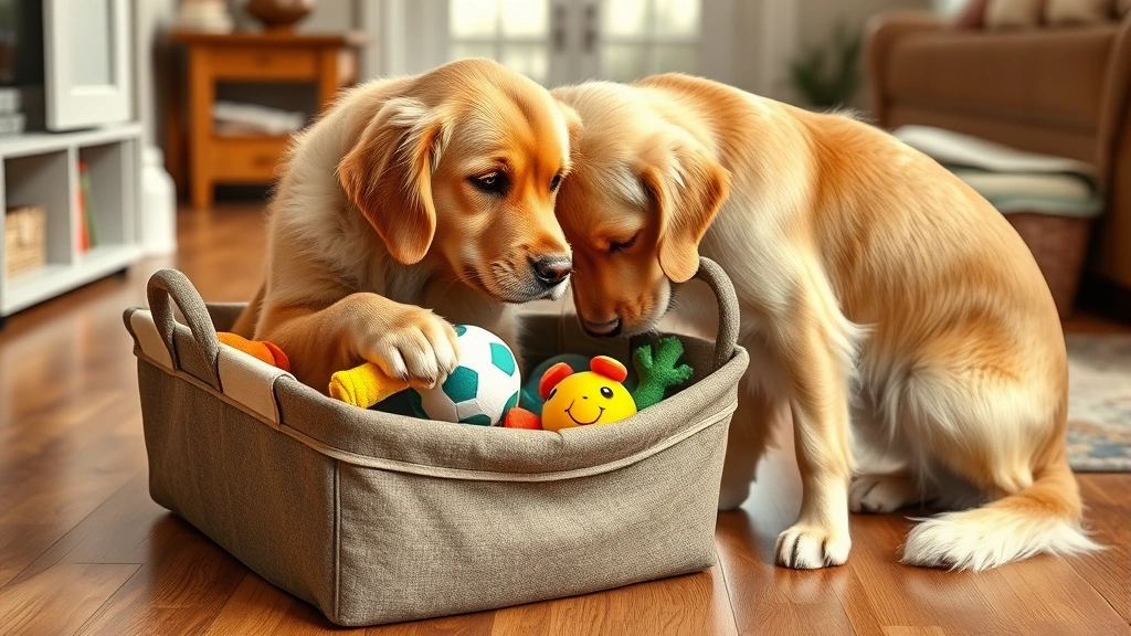 dog toy basket -
Photorealistic image of a golden retriever selecting a toy from an open storage