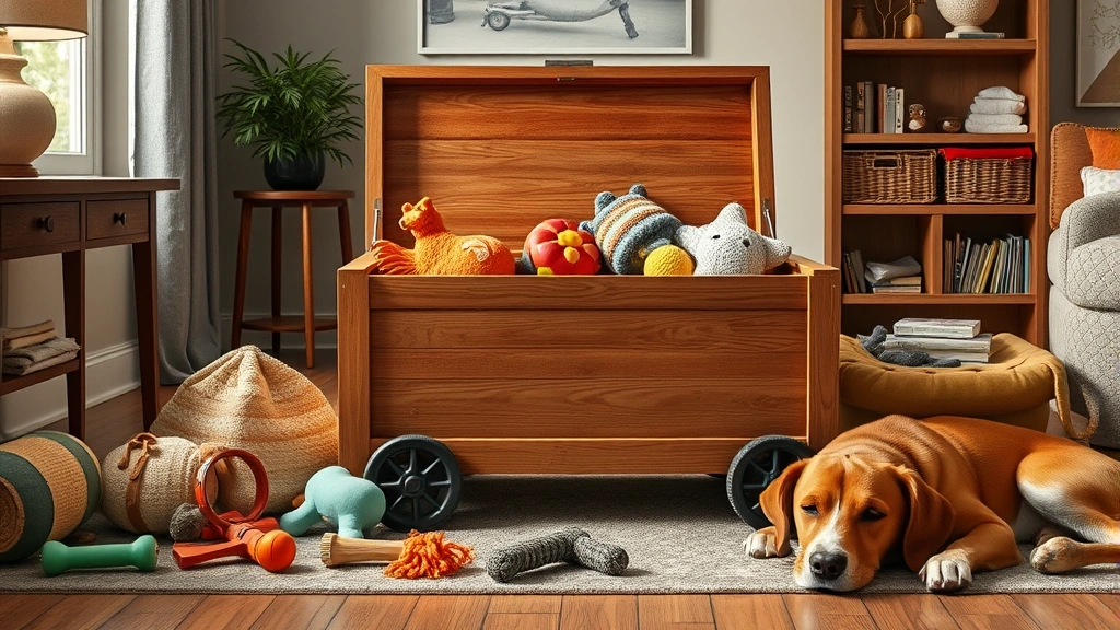 dog toy box -
Photorealistic image of a wooden toy chest with wheels in a contemporary home s