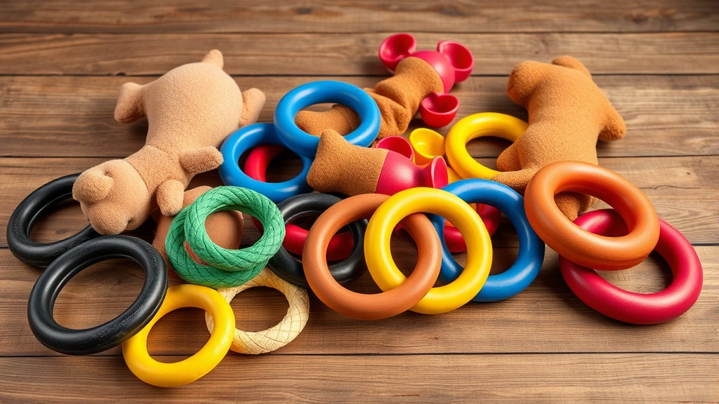 dog toys for aggressive chewers -
Photorealistic image of various durable dog toys arranged on a wooden surface i