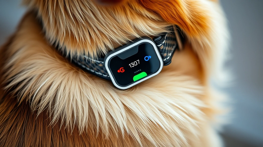 dog tracking collar -
Close-up detail shot of a modern colorful dog tracking collar device attached t