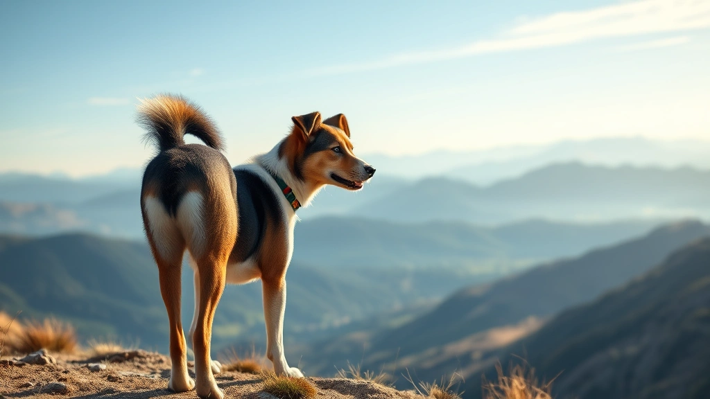 dog trails near me -
A mixed breed dog standing on a mountain overlook with scenic valley landscape 