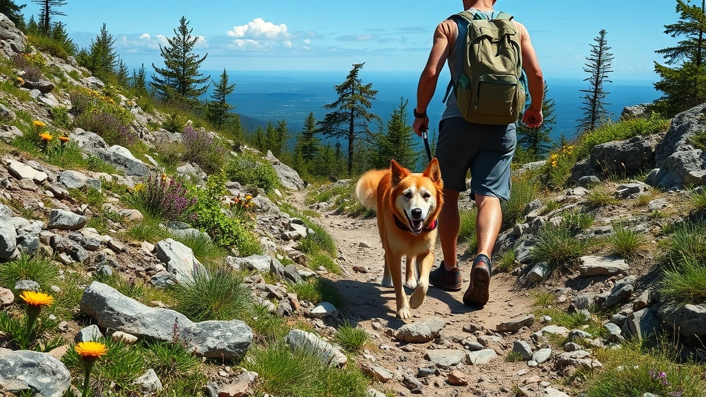 dog trails near me -
A dog and owner hiking together on a rocky trail with wildflowers and natural s