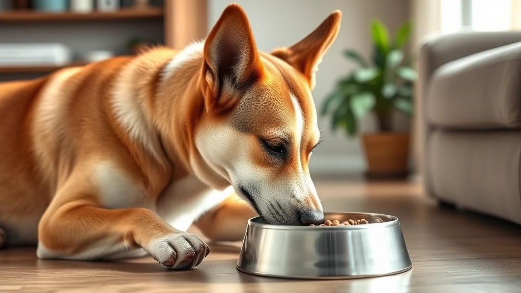 dog trainers for resource guarding -
A calm dog eating from a food bowl in a peaceful home environment with soft nat