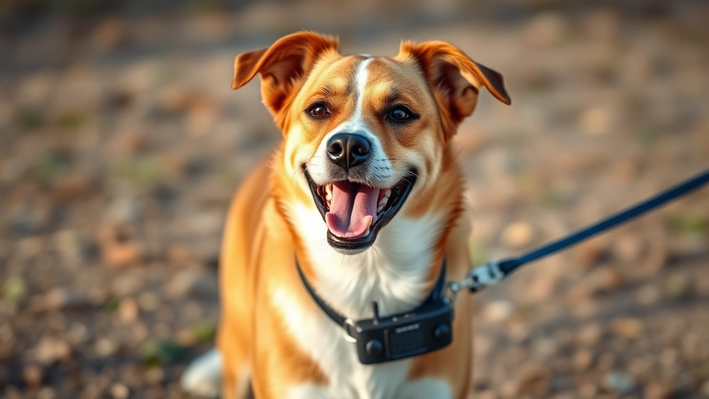dog training collar -
Photorealistic image of a happy medium-sized mixed breed dog on a leash wearing