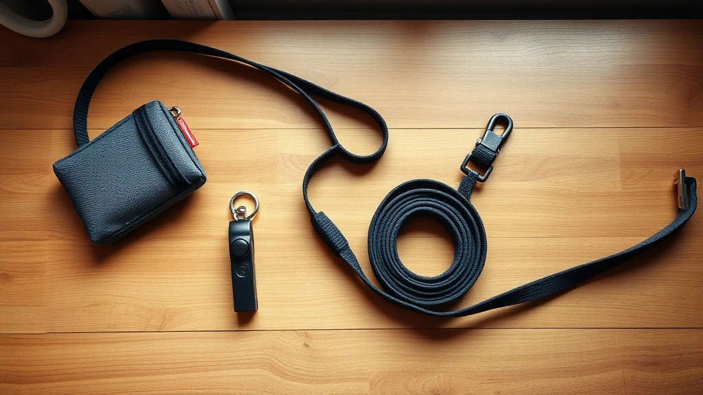dog training whistle -
Overhead shot of dog training equipment laid out on a wooden table: whistle, tr