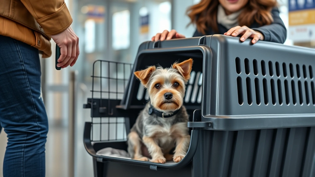 dog travel crate -
Photorealistic image of a small terrier mix being gently loaded into a black pl