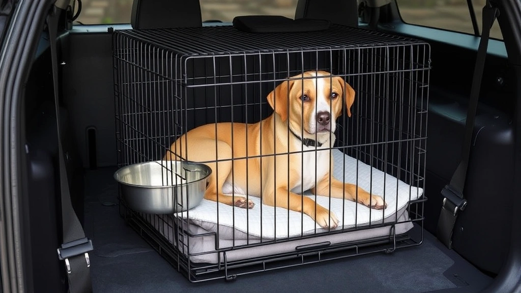 dog travel crate -
Photorealistic image of a wire dog crate with orthopedic padding and water bowl