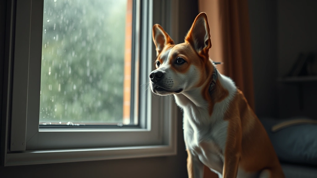dog trembling -
Photorealistic image of a nervous dog showing anxiety during a thunderstorm, ea