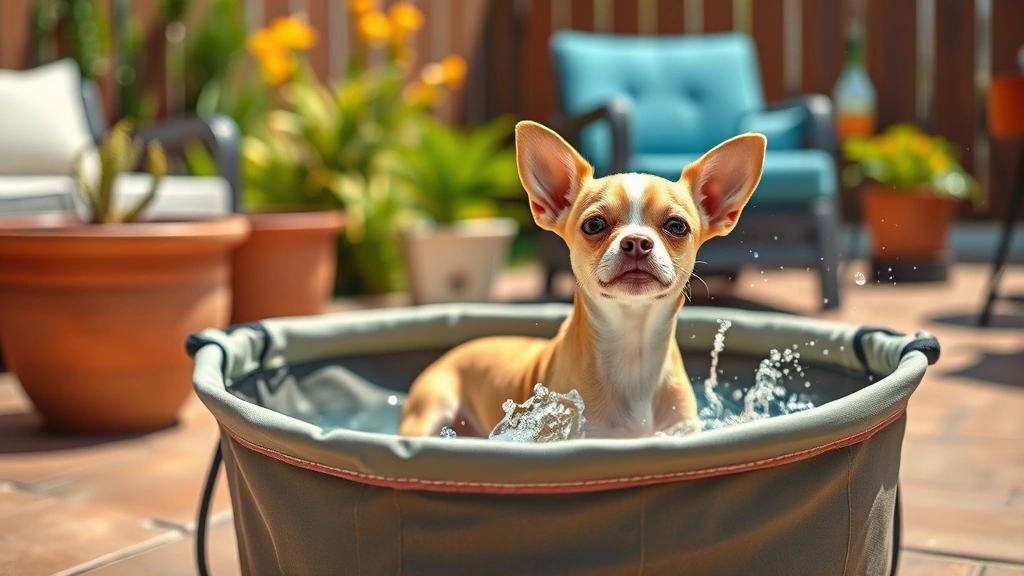 dog tub -
Photorealistic small chihuahua in portable collapsible fabric dog tub outdoors 
