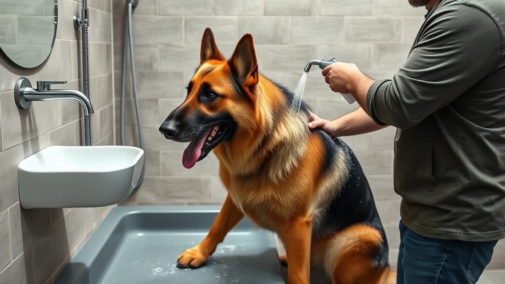 dog tub -
Photorealistic large German Shepherd in modern indoor grooming station with bui