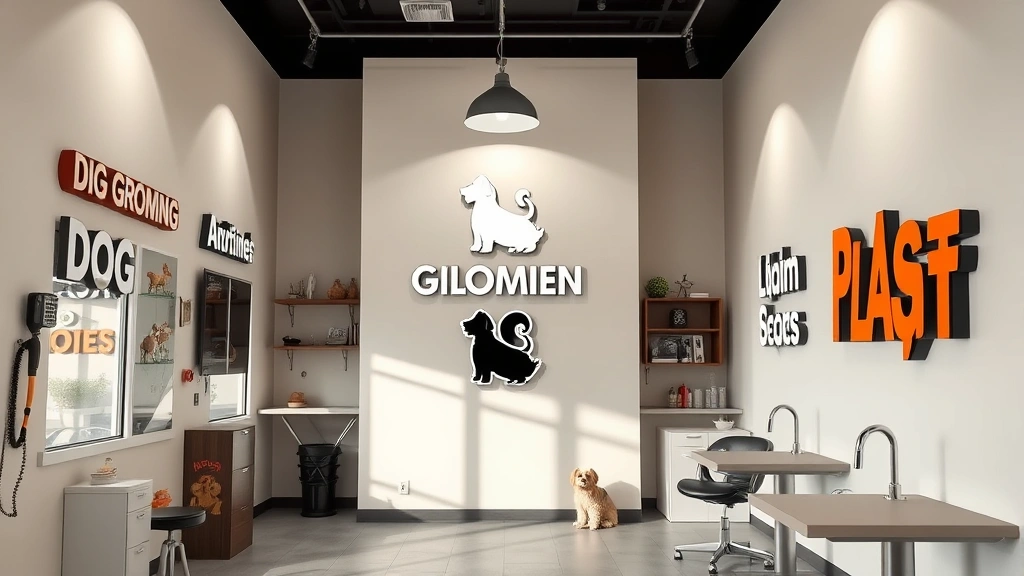 dog typeface -
Photorealistic image of a dog grooming salon interior with modern signage featu
