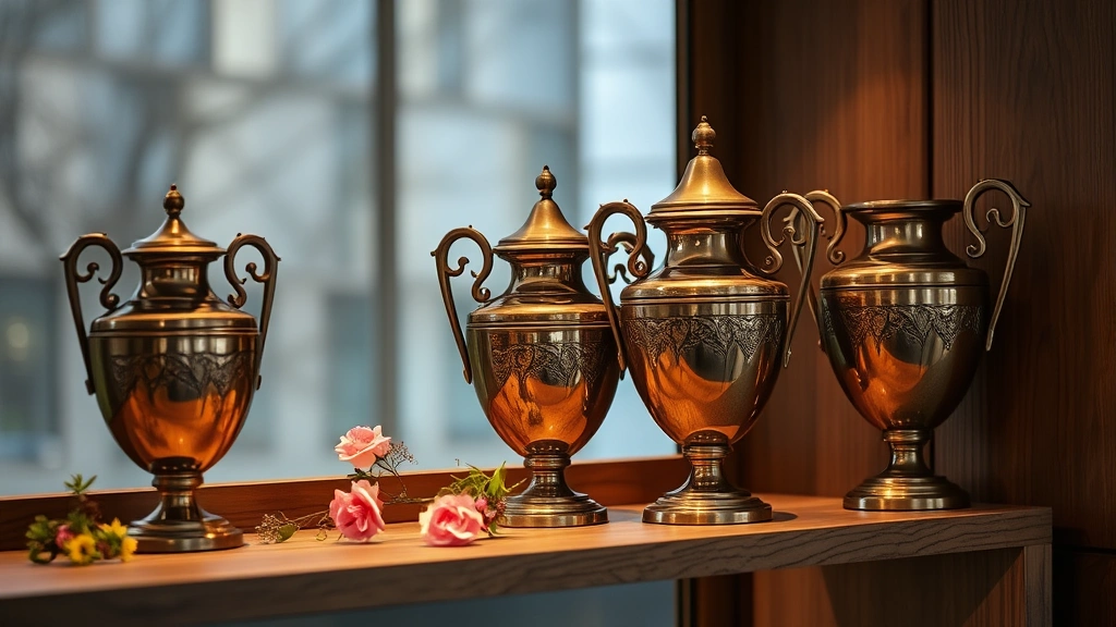 dog urns -
and bronze metal urns displayed on a wooden shelf with soft lighting and flower