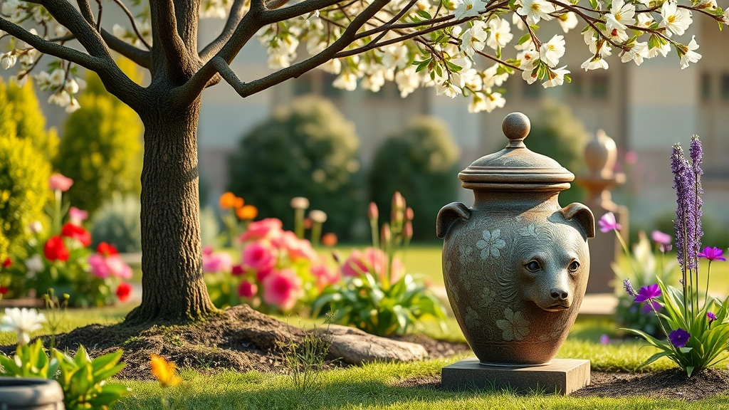 dog urns -
Photorealistic peaceful outdoor garden memorial setting with a beautiful cerami