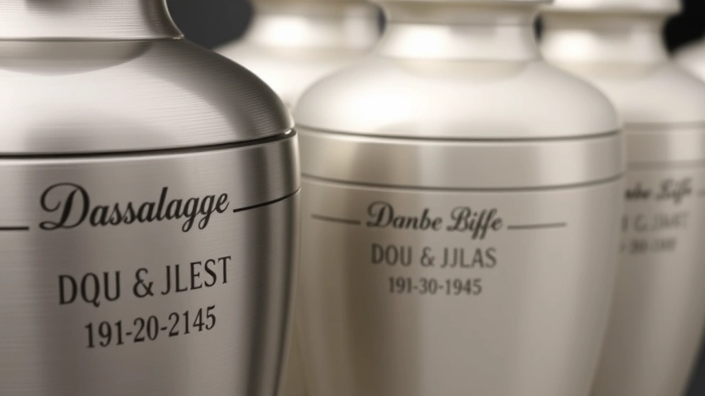 dog urns -
Photorealistic close-up of personalized dog urns showing engraved names and dat