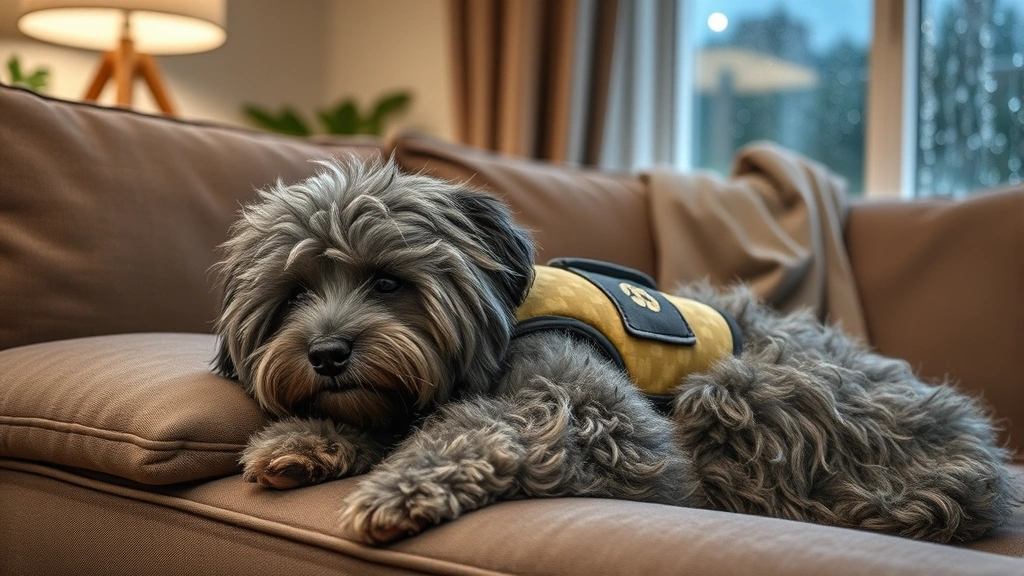 dog vest -
Photorealistic image of a fluffy grey dog wearing a calming anxiety vest, lying