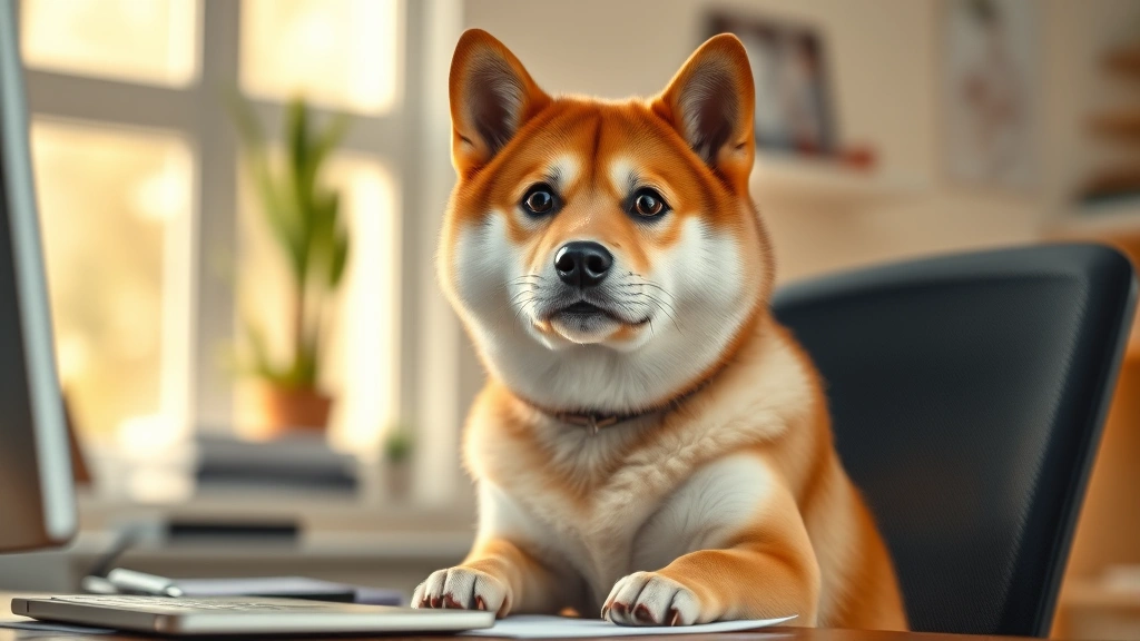 dog video -
Shiba Inu sitting at desk looking at camera with human-like confused expression