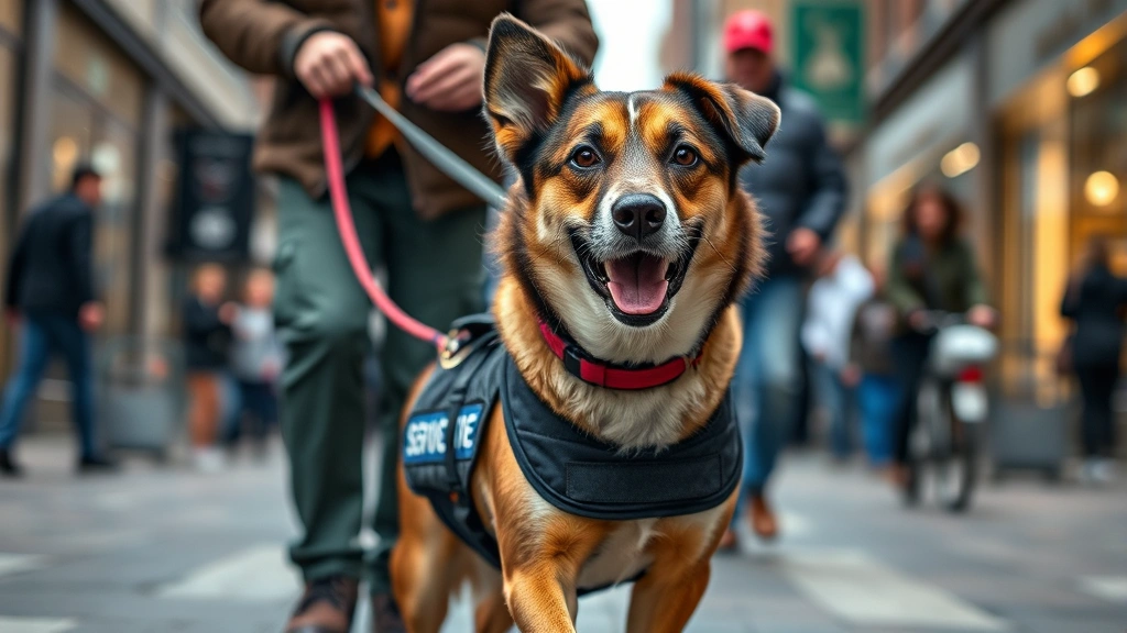 dog video -
Service dog in vest leading person through busy urban street, focused expressio