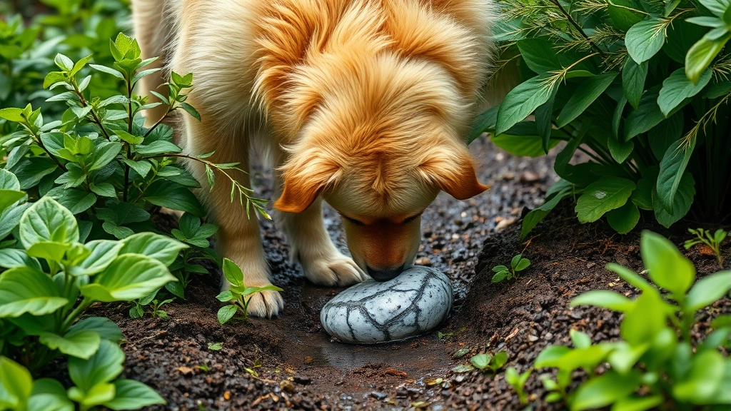 dog vomit fungus -
Photorealistic image of a golden retriever dog sniffing curiously at garden are