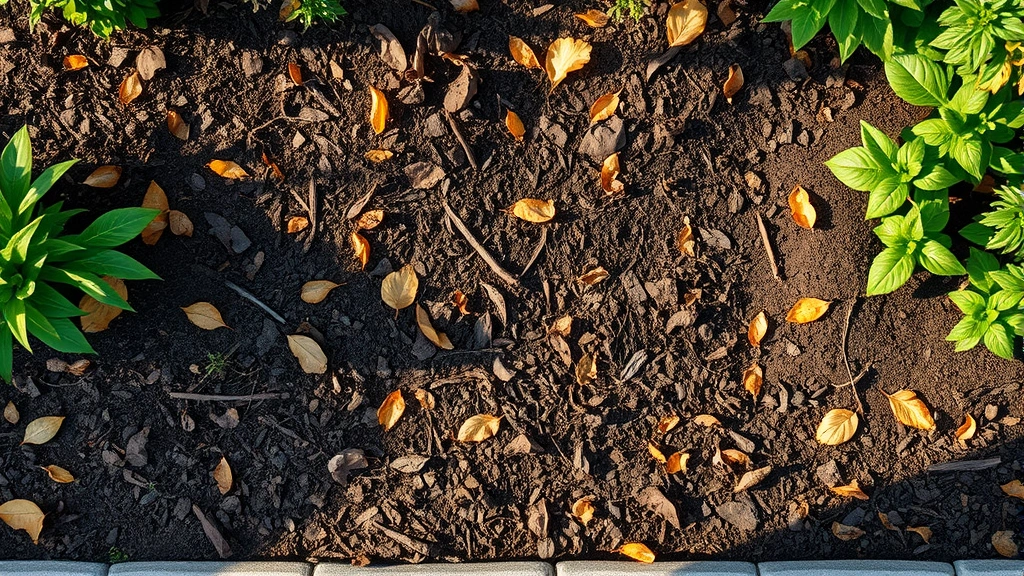 dog vomit fungus -
Photorealistic overhead view of a residential garden with mulch beds, scattered
